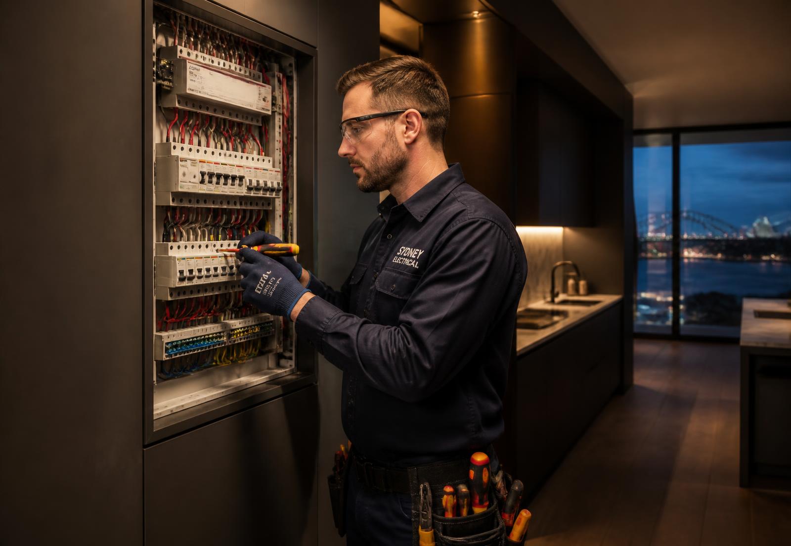 Bright Electrical electrician working on a switchboard in a modern Sydney home